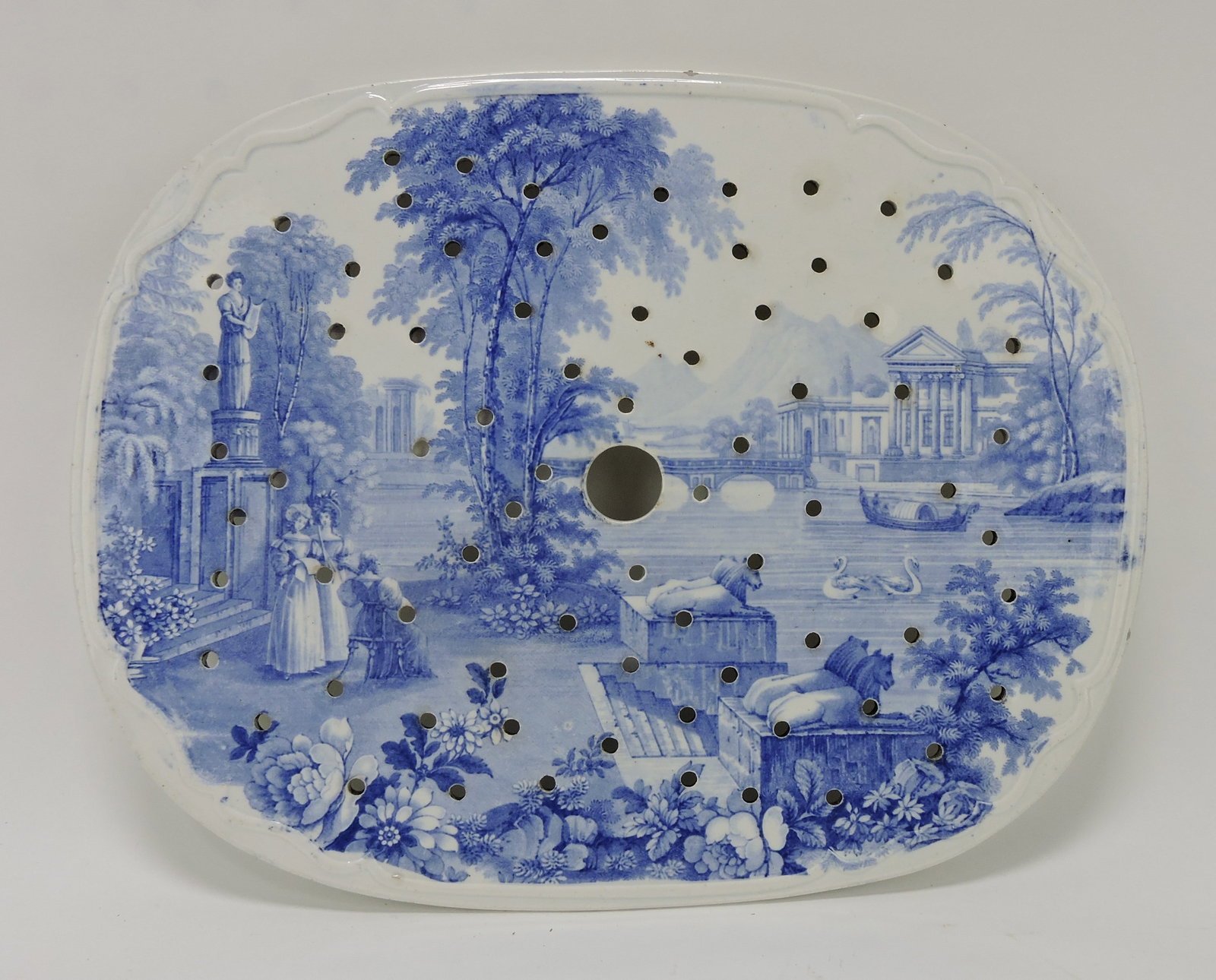 Blue & white Staffordshire drainer: by J & B Boyle c.1840, 'Domestic Scenery', 12 1/4" x 10"