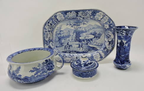 Blue & white Staffordshire lot of: 4 pcs: 17"x12 1/2" platter (rim repair), Adams chamber pot with cattle scene, Royal Doulton Geneva 3 pc soap dish, AND Wedgwood vase, 9"