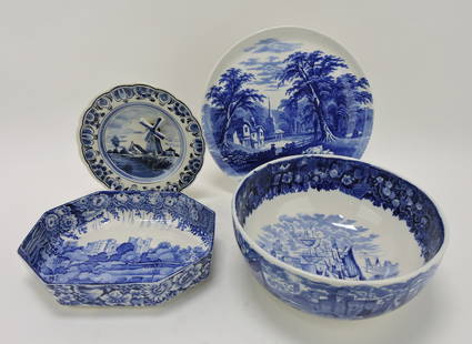 Blue & white Staffordshire platter: 10 1/4" J & MP Bell cow scene, Wedgwood Ferrara bowl, Enoch & Wood bowl, and Delft windmill music box