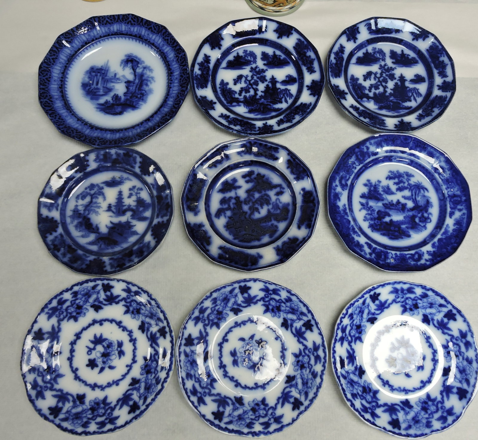 Flow Blue lot of 9 plates, various: condition