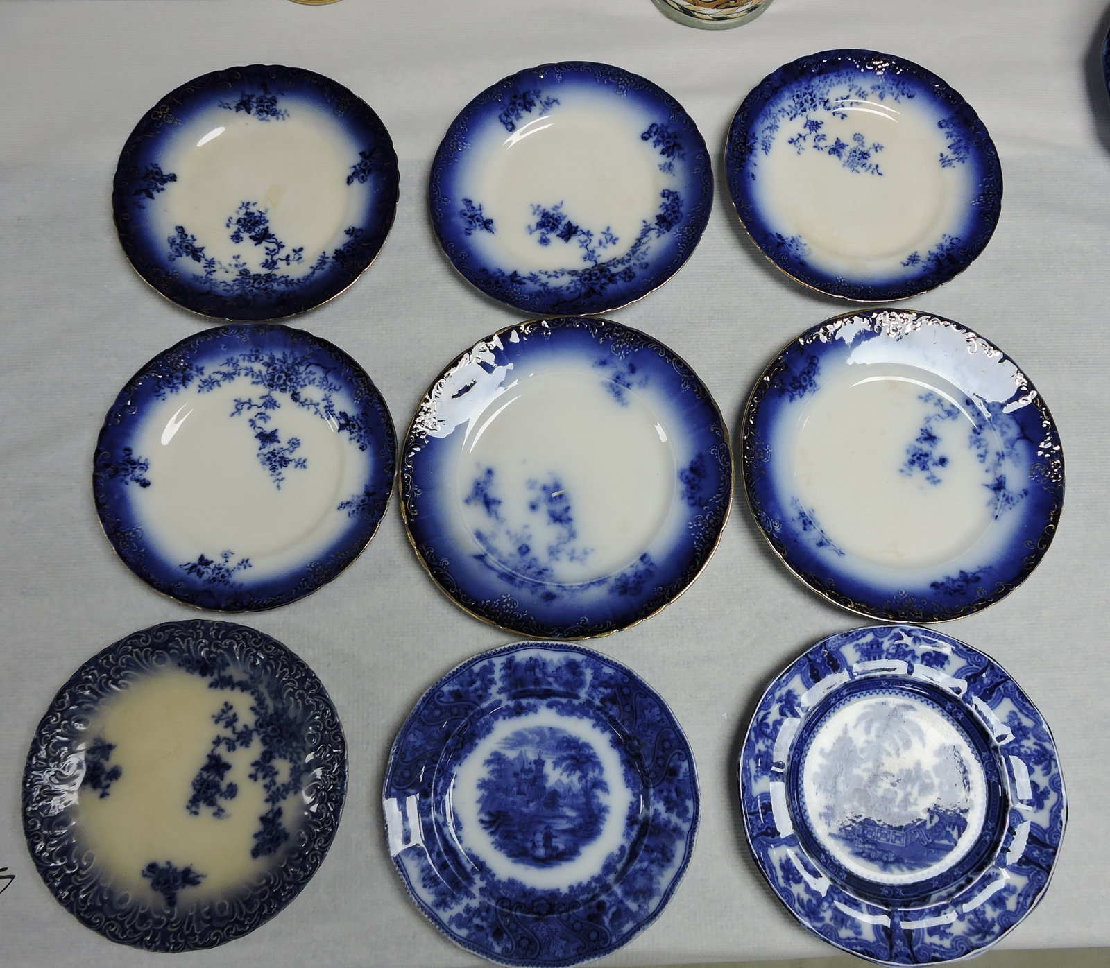 Flow Blue lot of 9 plates, various: condition