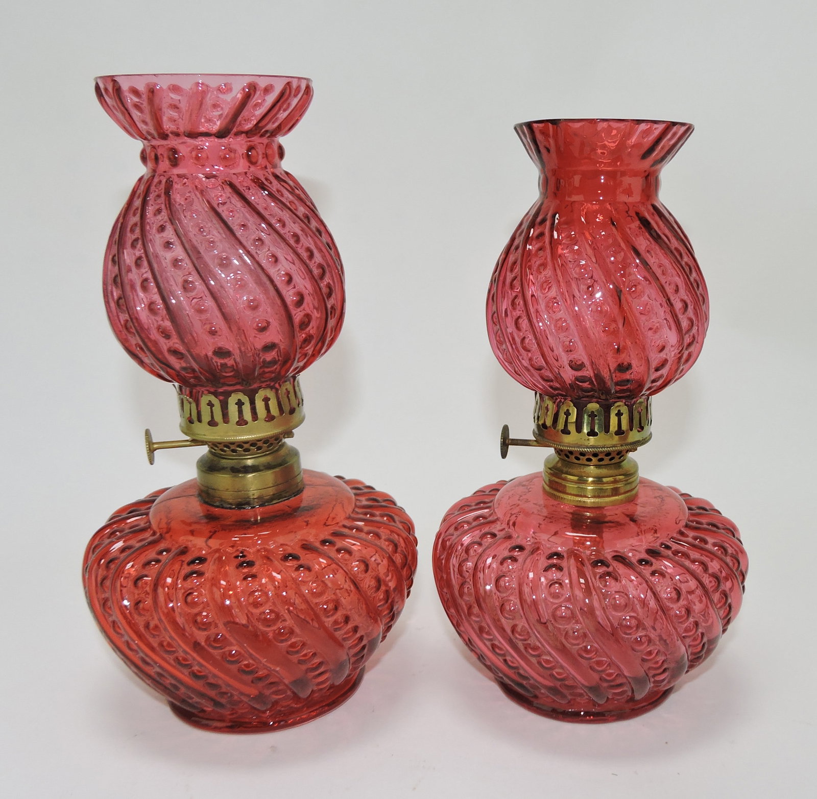 Lot of 2 beaded swirl cranberry: miniature lamps, Smith 1 fig 369, 8 1/2"
