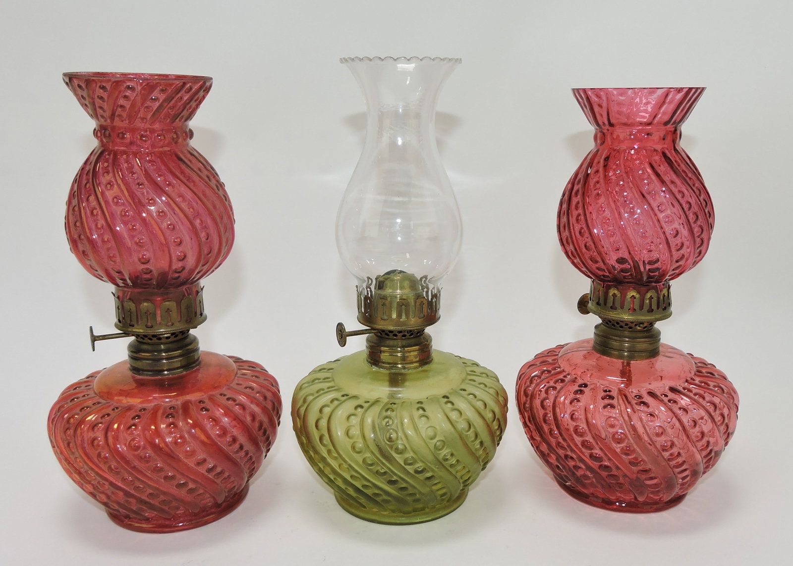 Lot of 3 beaded swirl lamps,: red carnival, green (wrong shade), cranberry (chip to shade)