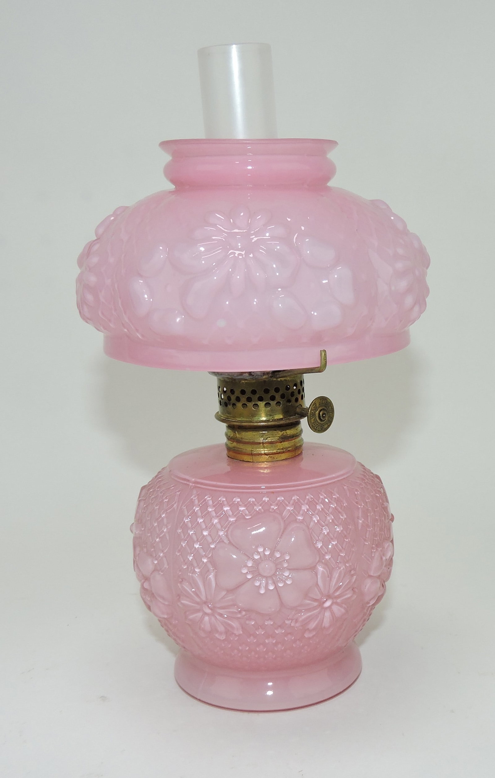 Pink cased glass embossed floral: miniature lamp, Smith 1 fig 286
