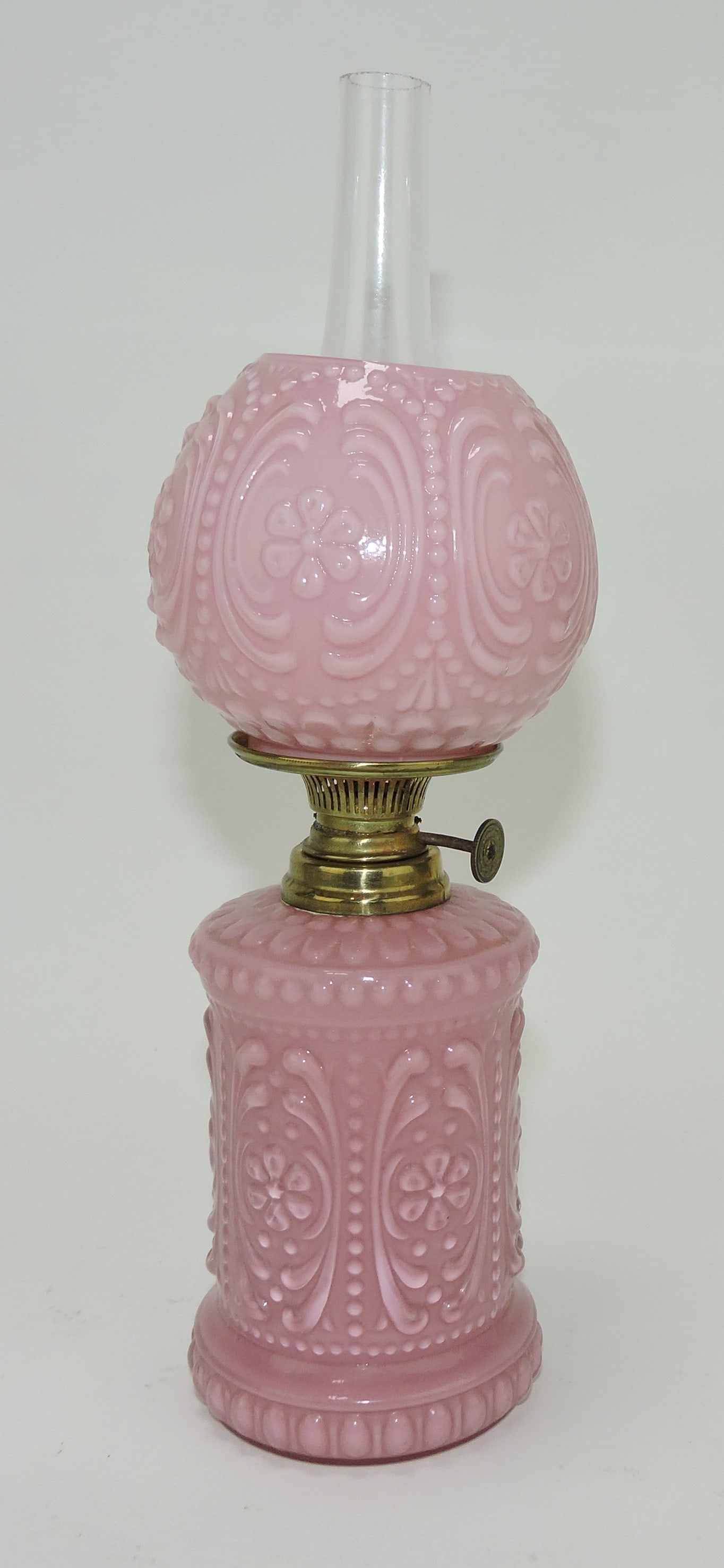 Pink opaline embossed miniature: lamp, Smith 1 fig 409, 8 3/4"
