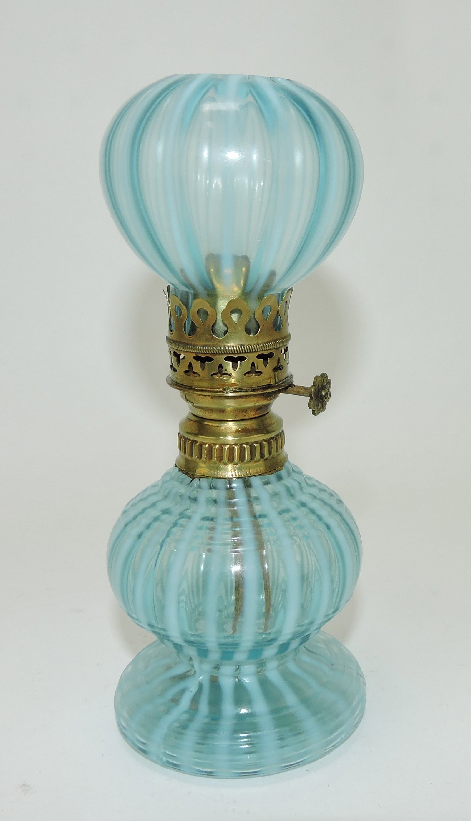 Blue opalescent stripe miniature: lamp, Smith 1 fig 512, 7"