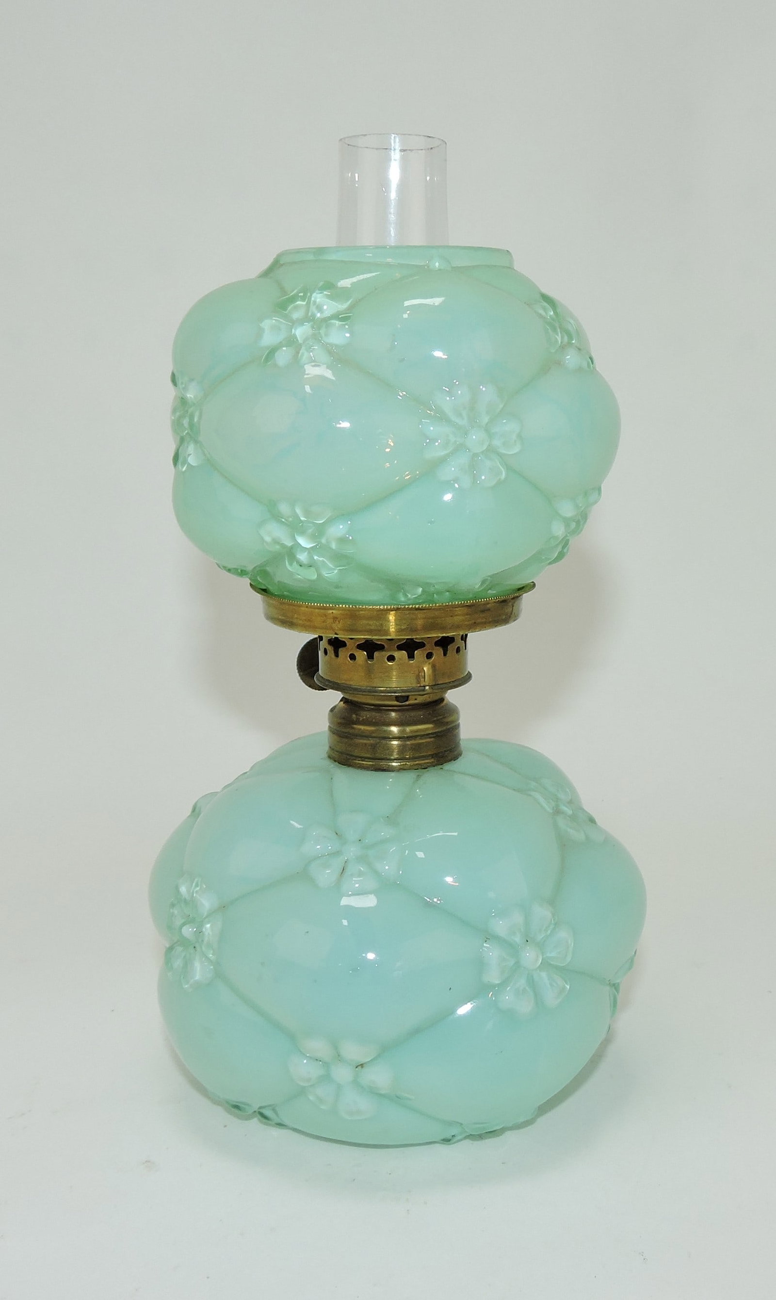 Consolidated Lamp and Glass Co: florette green cased miniature lamp, 7", Smith 1 fig 388