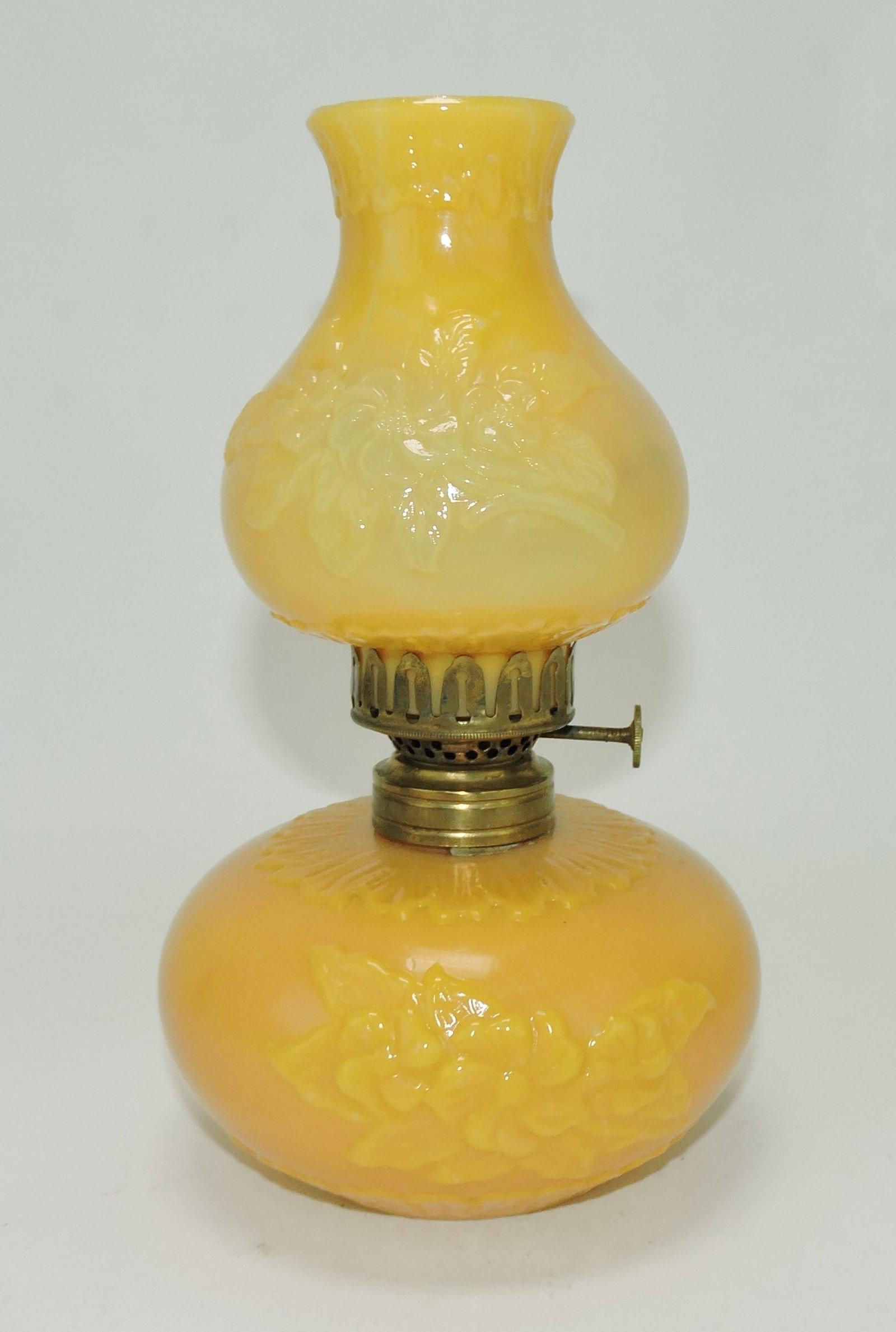 Butterscotch/custard glass floral: embossed miniature lamp, Smith 1 fig 372, 8"
