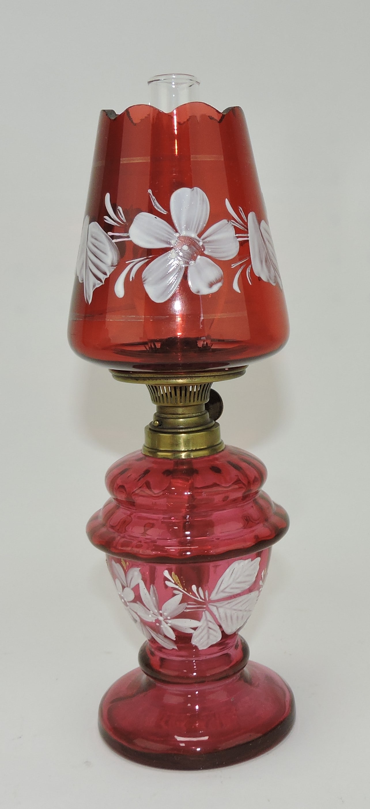 Cranberry floral enameled miniature: lamp, Smith 1 fig 460, 9 3/4"