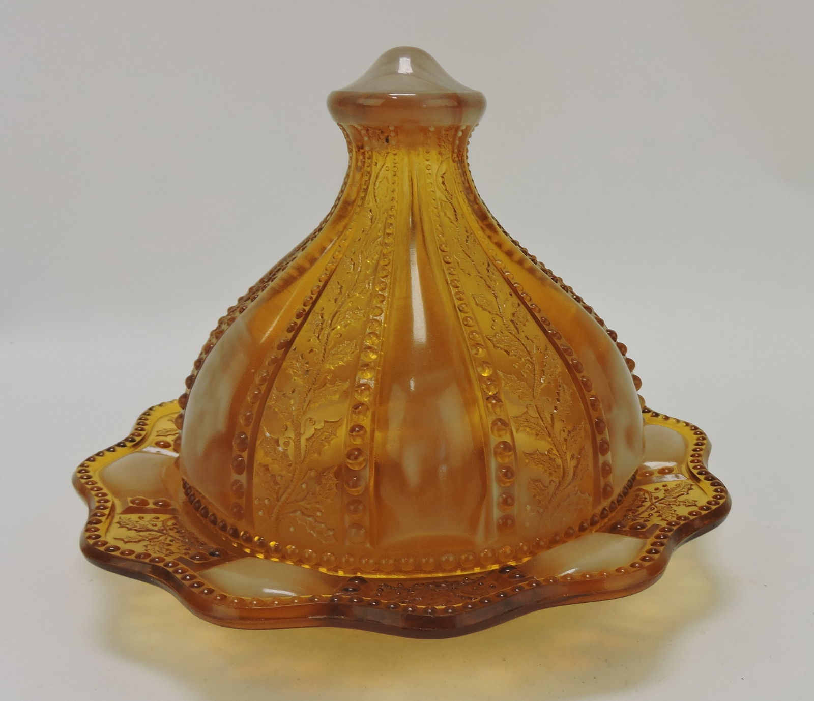 Greentown Holly amber butter dish (1 of 1)