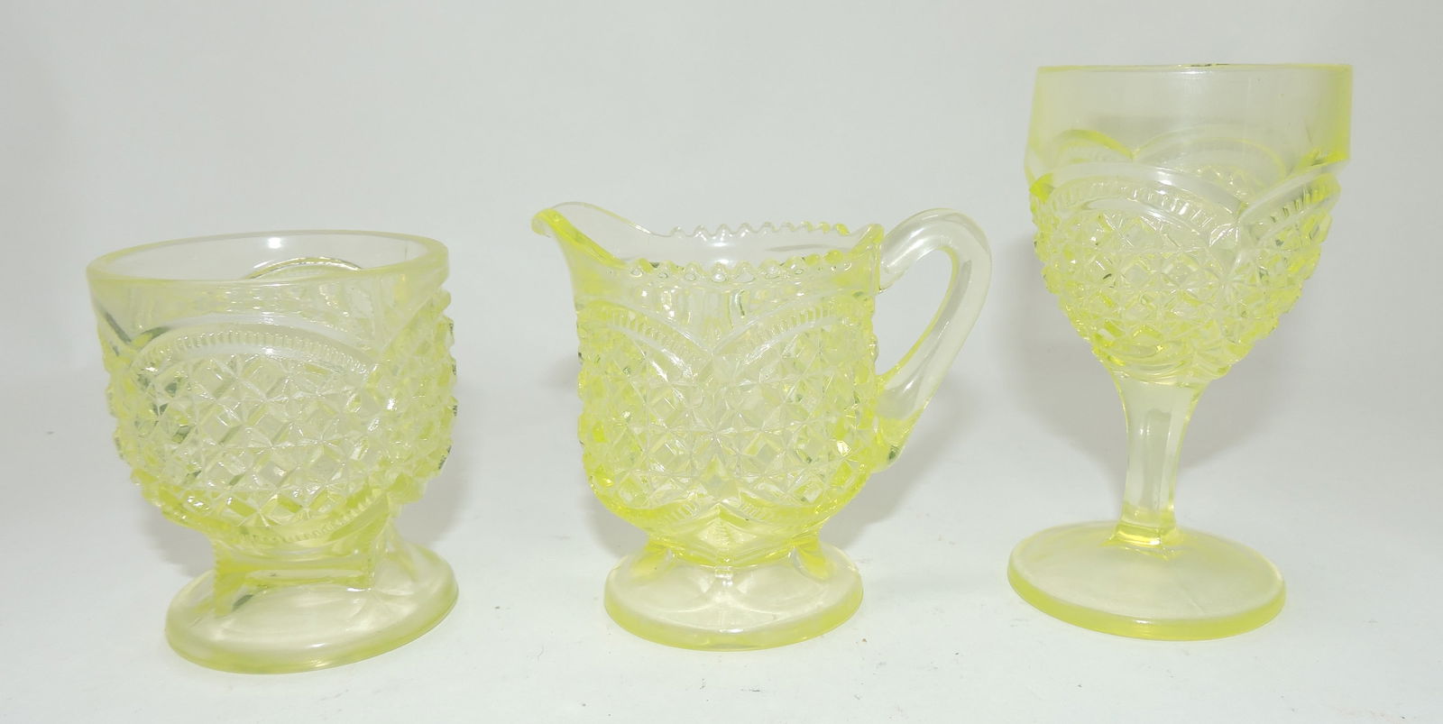 Greentown canary Austrian child's: sugar 2 3/4", creamer 3", and goblet 4" (minor nicks)