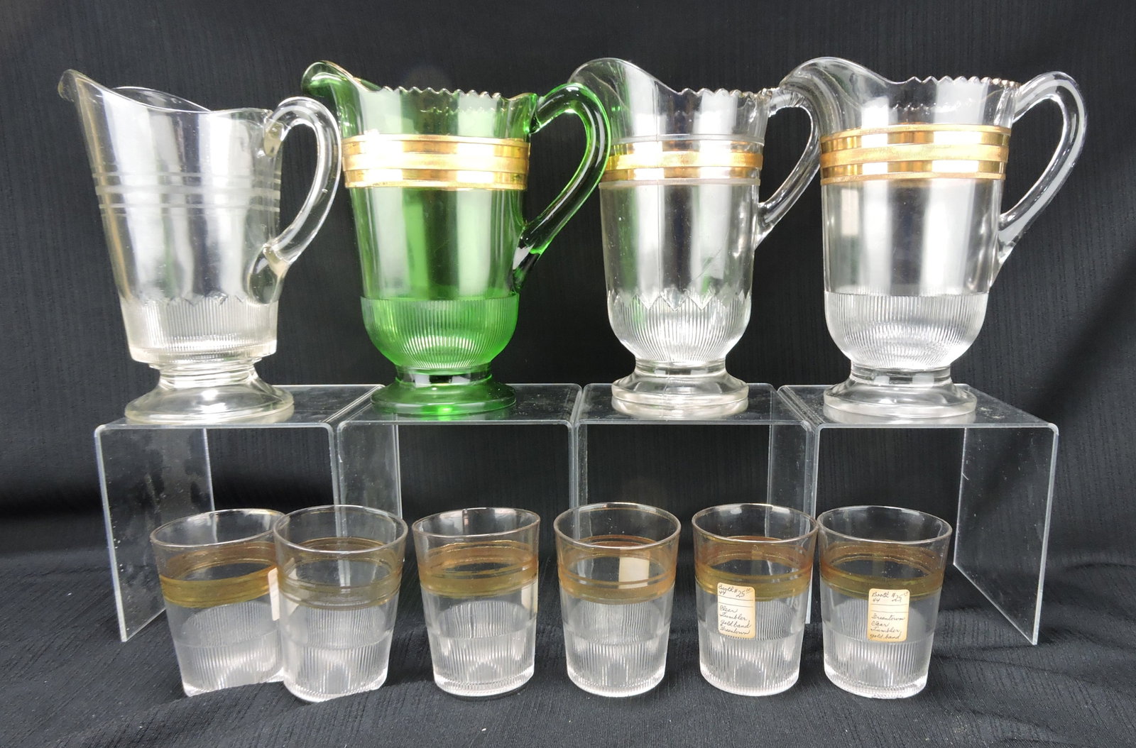 Greentown clear and green gold band: lot of 4 pitchers and 6 tumblers