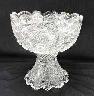 Cut glass 2 pc punch bowl, chip to: fitter on bottom of bowl and top of base, chips/nicks to rim, 12"h, 11 3/4"d