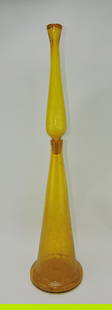 Blenko yellow crackle glass decanter: with stopper, 31 1/2"