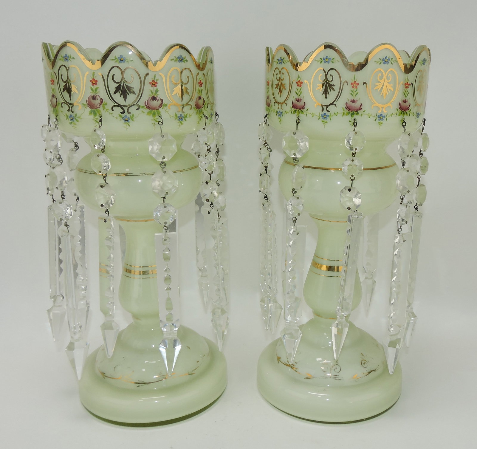 Pair of overlay glass candle lusters: with prisms, 14 1/2"