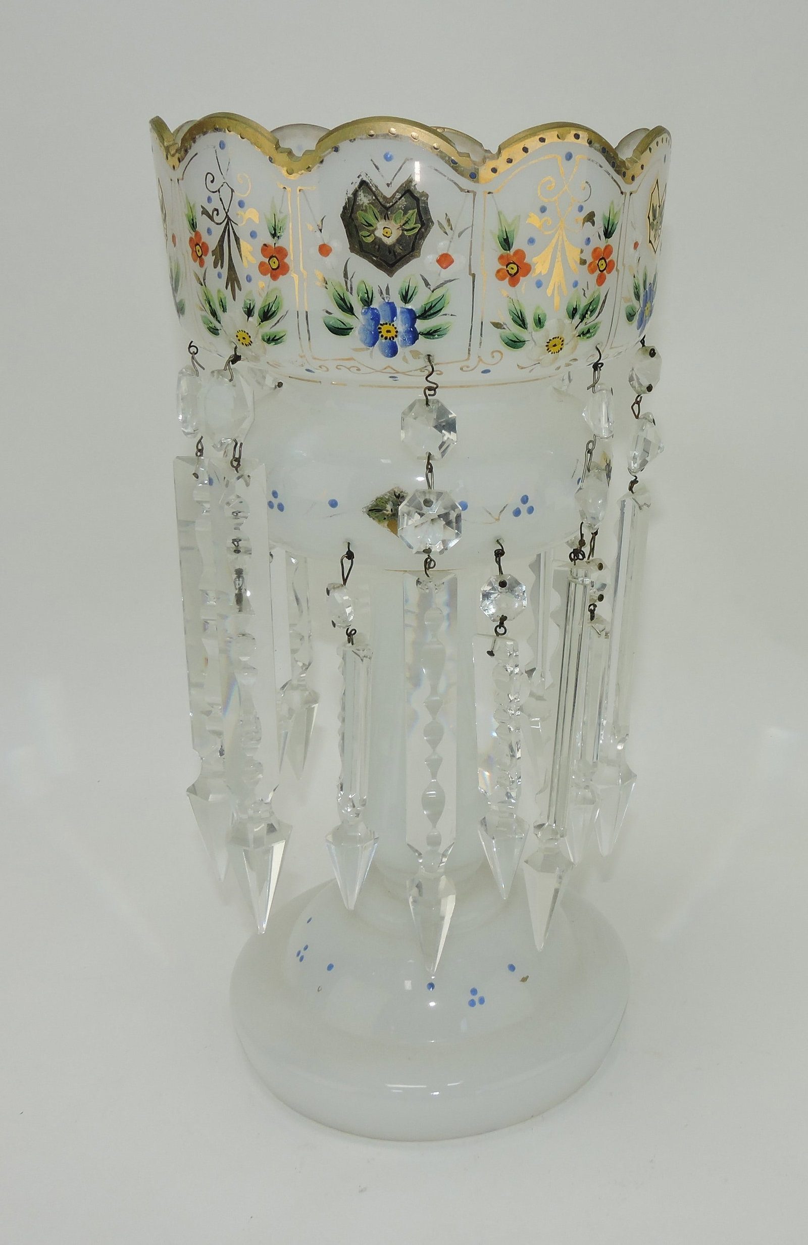 Bristol glass 14" candle luster with: prisms, drilled for lamp