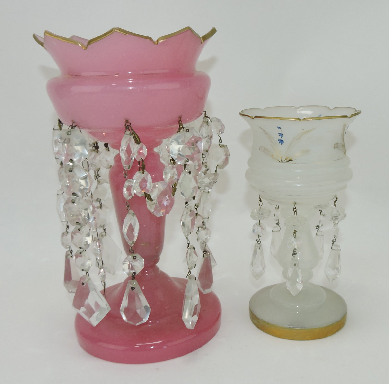 Bristol glass lot of 2 candle lusters: with prisms, 11" and 8"
