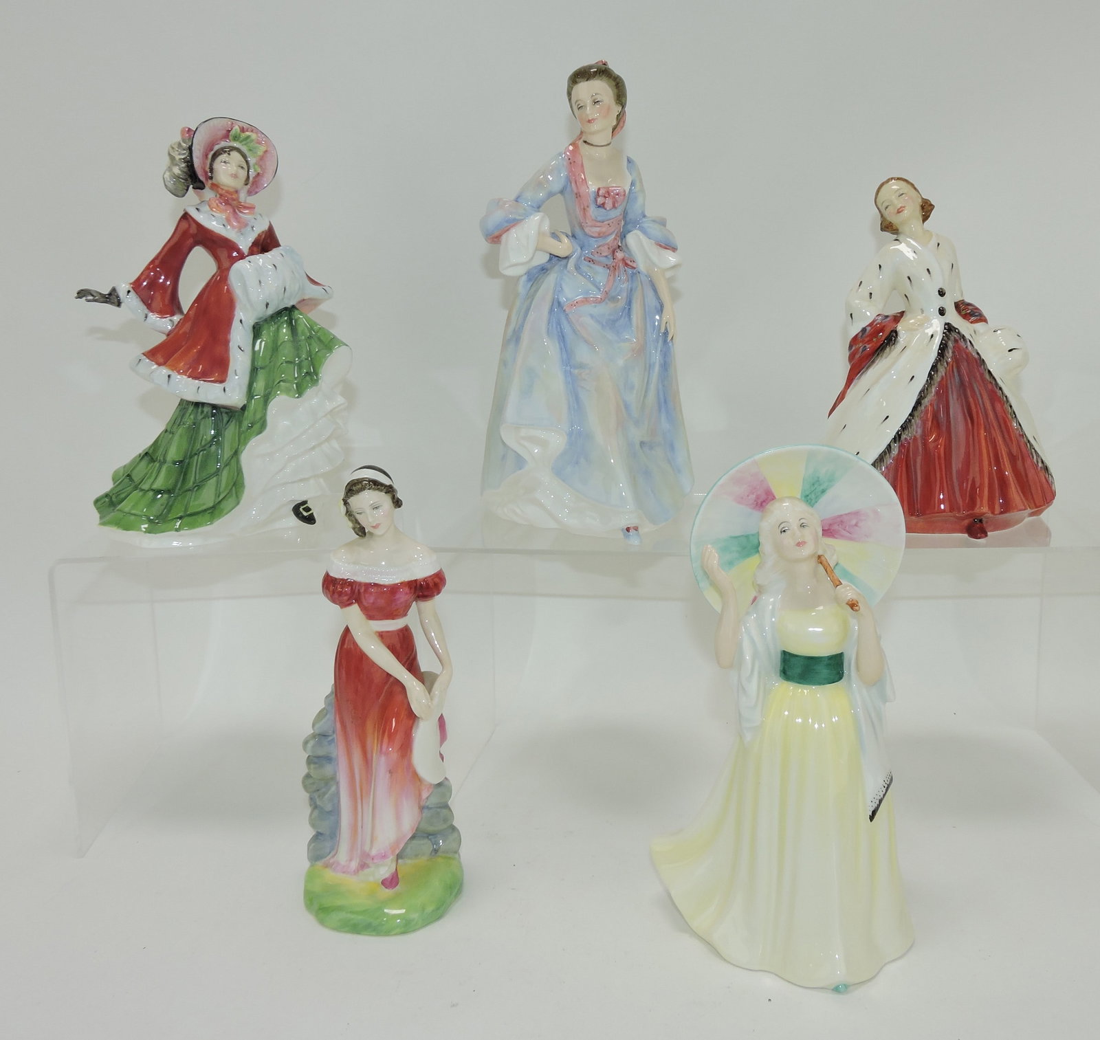 Royal Doulton lot of 5 lady figures:: Wintertime HN3622 (signed), Mrs. Hugh Bonfey HN3319, The Ermine Coat, Jemma HN3168, Jane HN2806