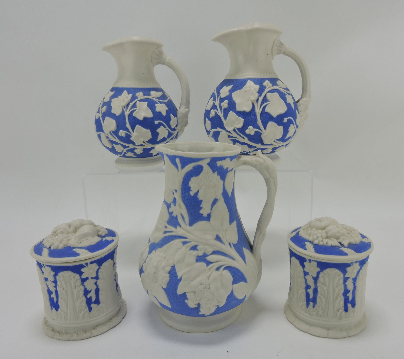 Parian lot of 3 pitchers and 2 covered: jars
