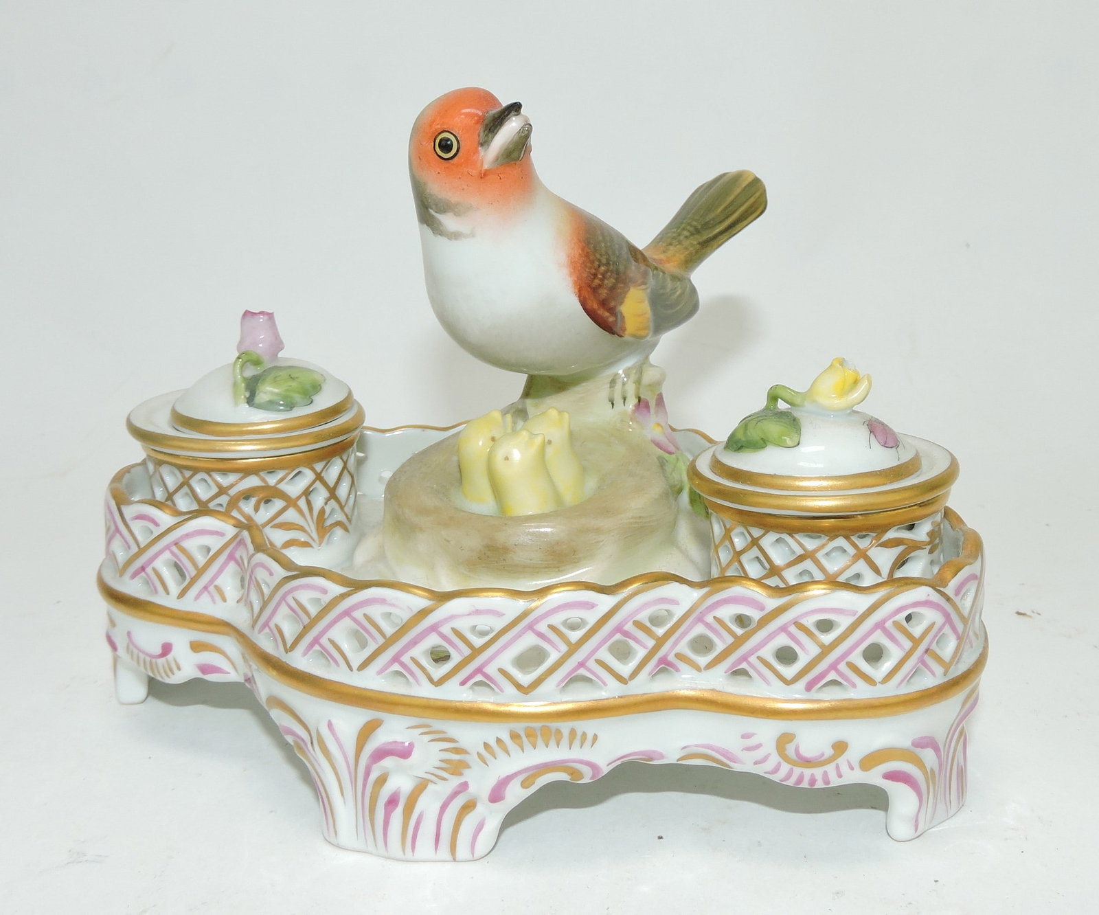 Herend bird double inkwell: .