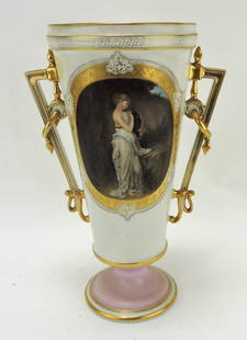 Sevres porcelain two handled: 14" vase with lady, unsigned