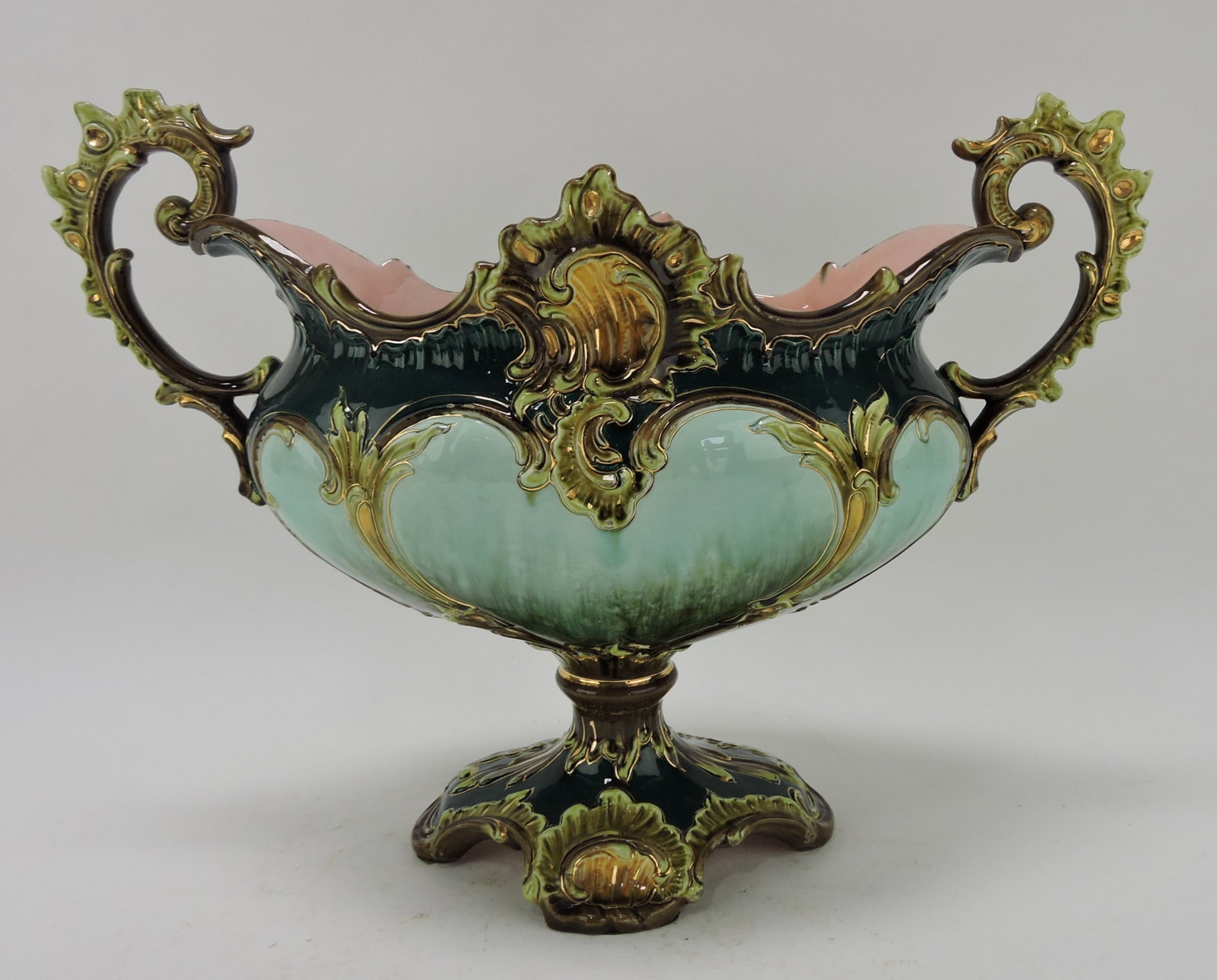 Julies Dressler European majolica: table center with handles, 13"h, 17"w