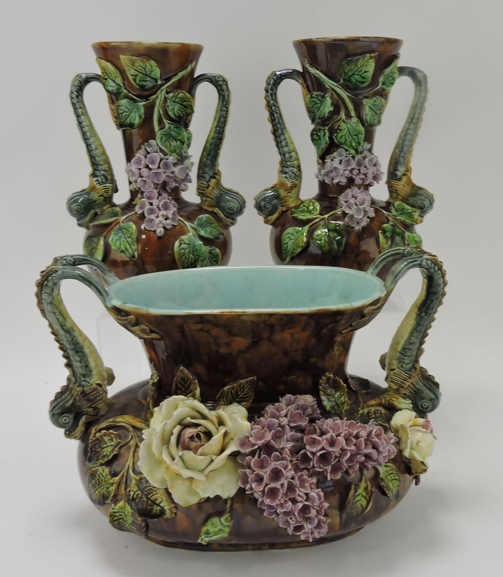 Majolica 3 piece garniture set with applied (1 of 1)