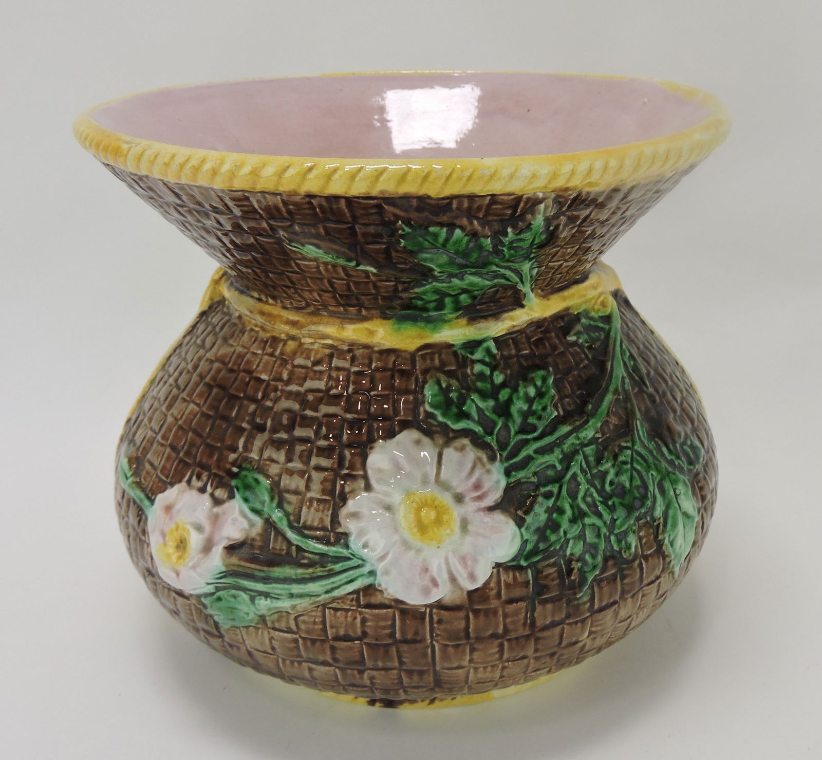 Majolica wild rose and wicker spittoon,: 6 3/4"