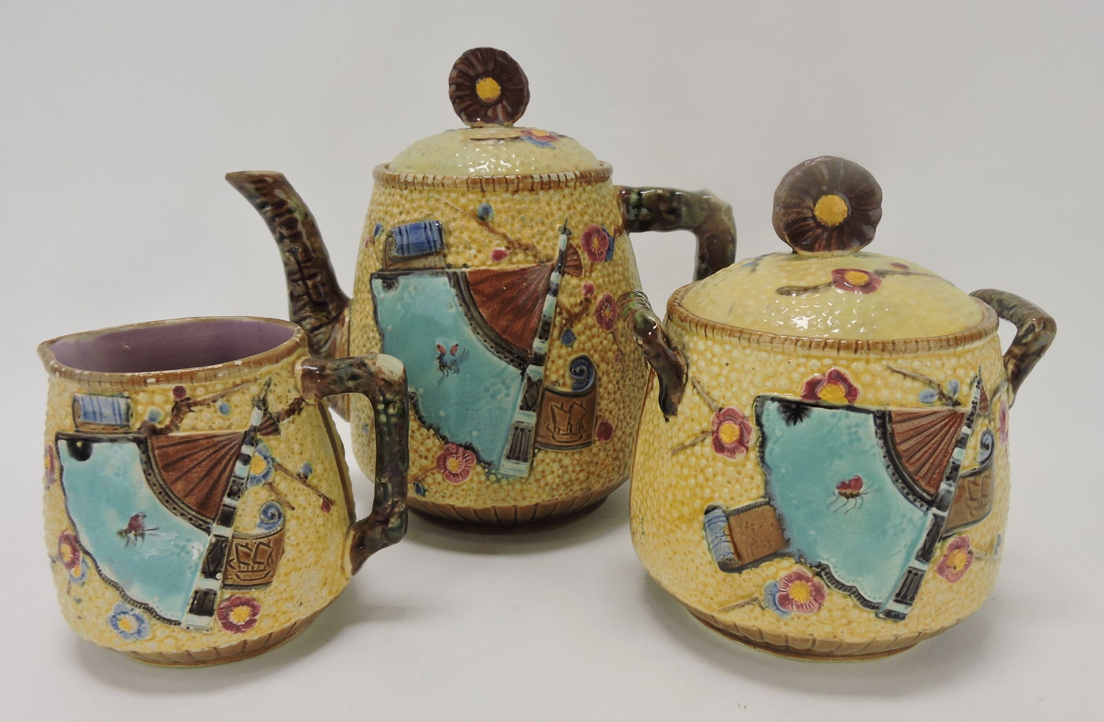 Majolica fan and scroll 3 pc tea set, (1 of 1)