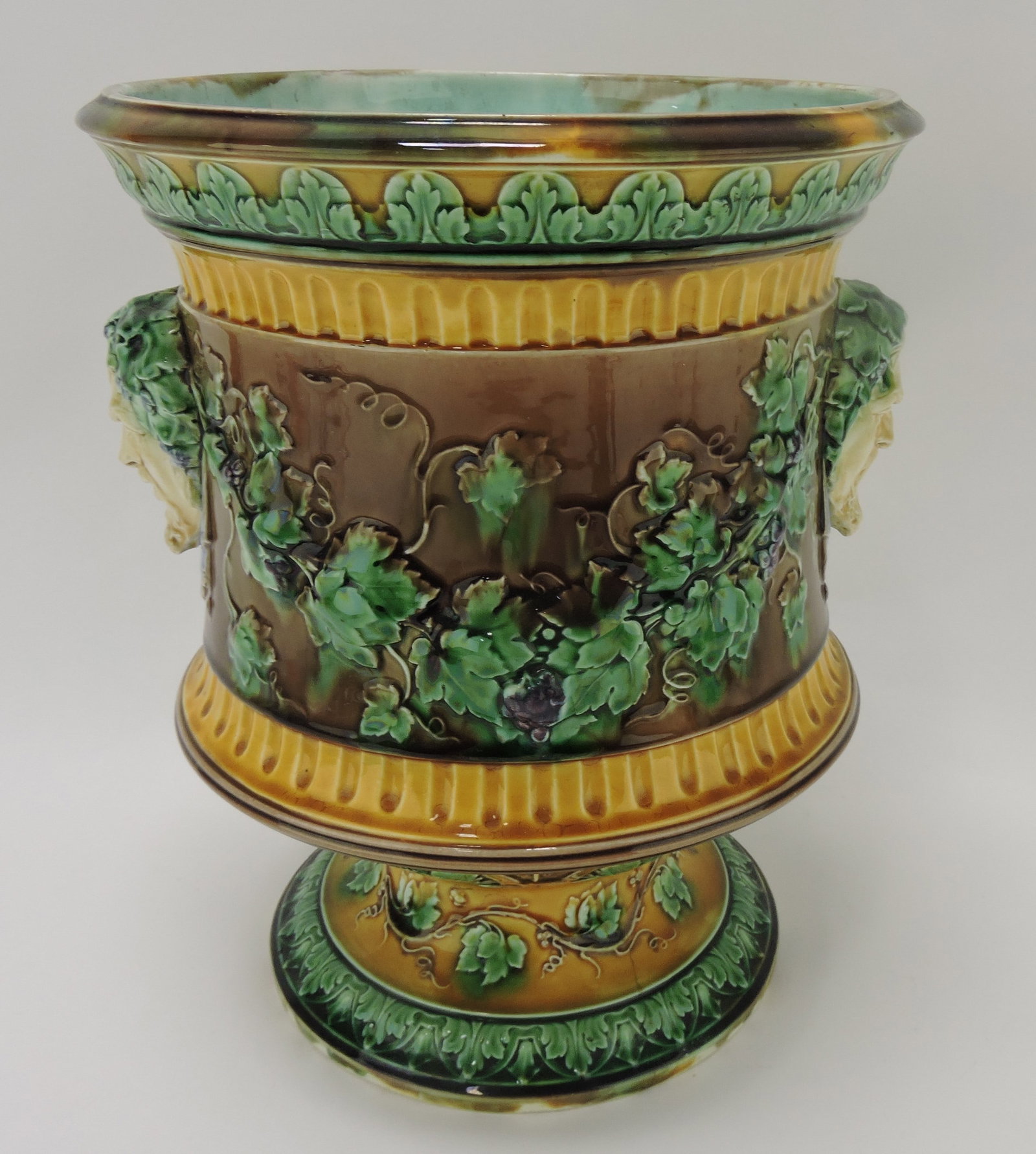 Wedgwood majolica wine cooler with: mask handles, 11 1/2"h, hairline