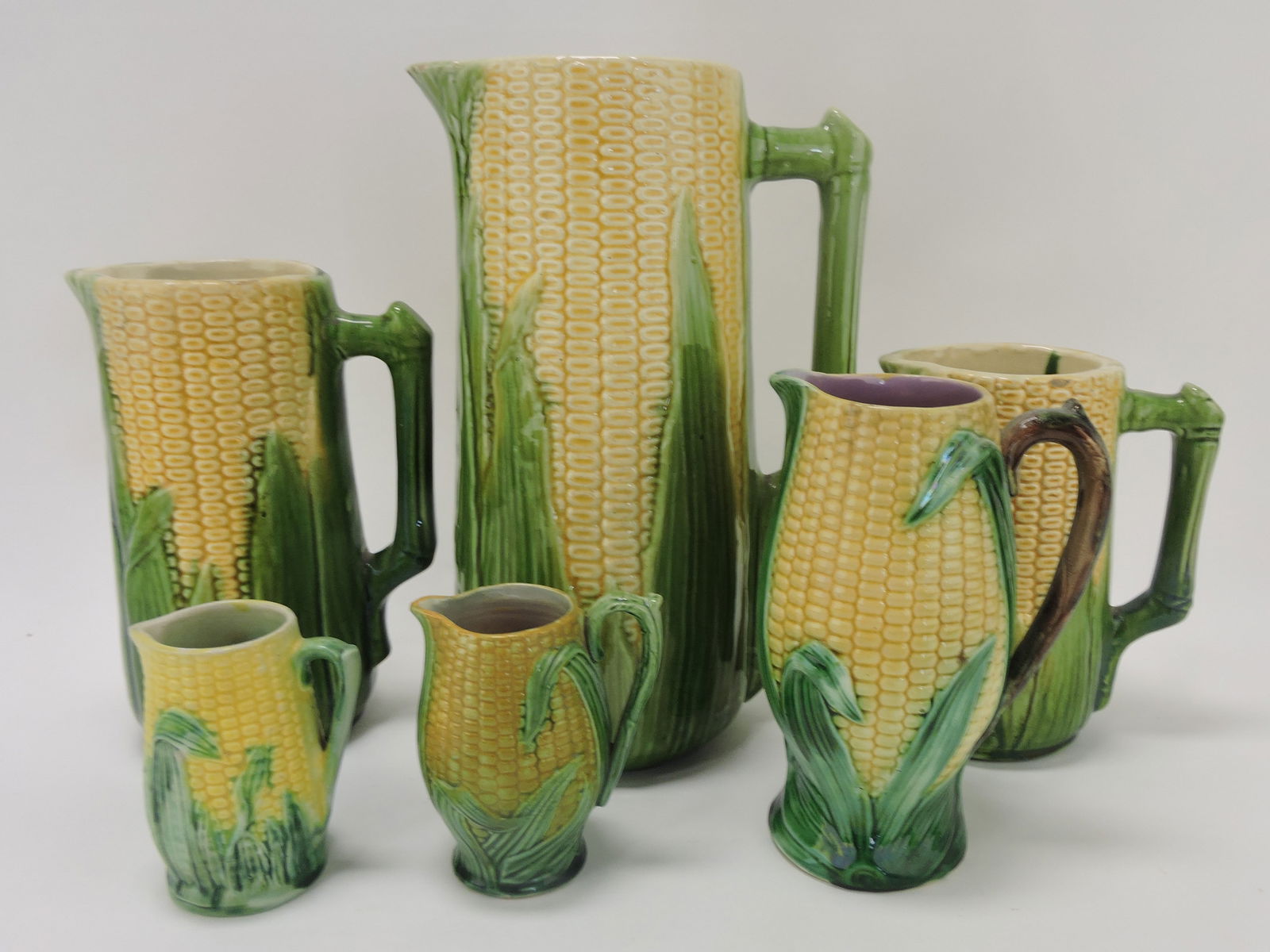 Majolica corn pattern lot of 6 pitchers, (1 of 1)