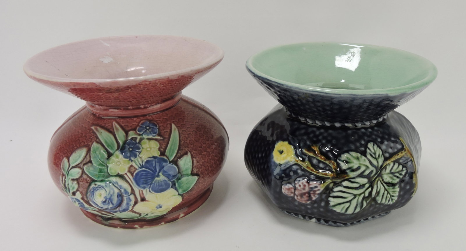 Majolica lot of 2 spittoons: burgundy floral,: and Morley & Co blackberry; Joan Stacke-Graham Collection