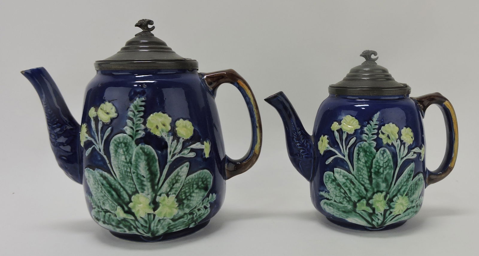 Majolica lot of 2 cobalt primrose teapots (1 of 1)