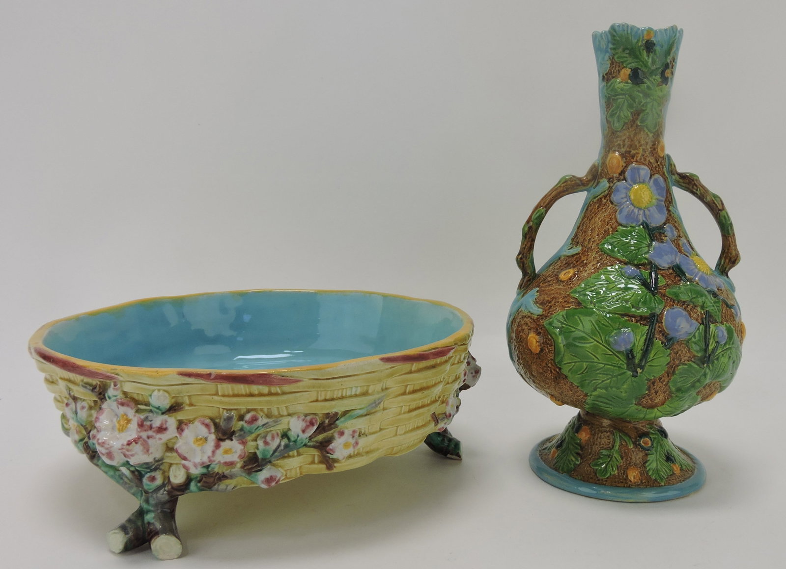 T.C. Brown Westhead Moore & Co rustic: footed bowl and English vase, various condition