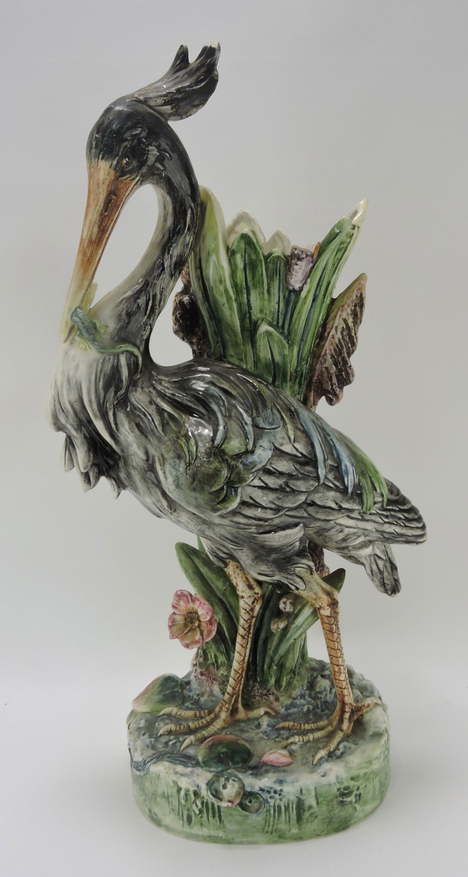 Royal Dux majolica heron vase, numerous: repairs, 26"