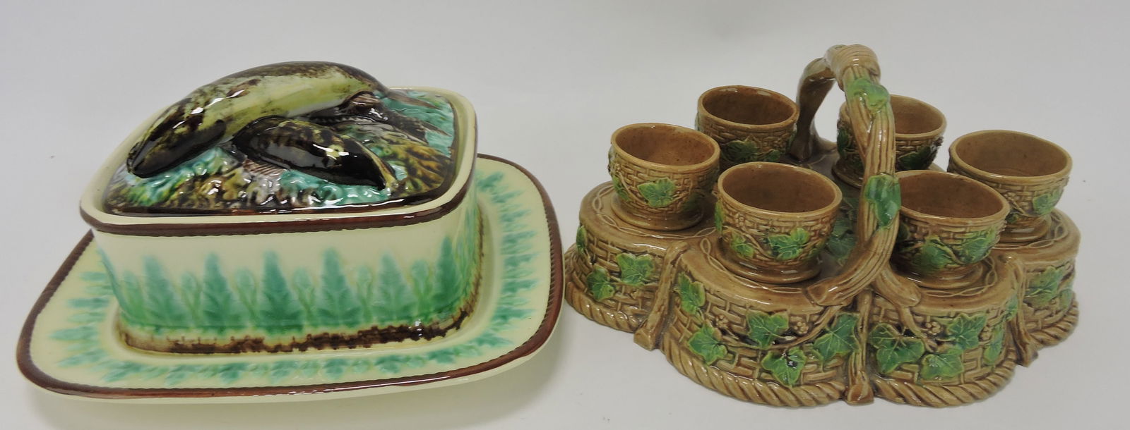 Majolica sardine box and egg cup: basket