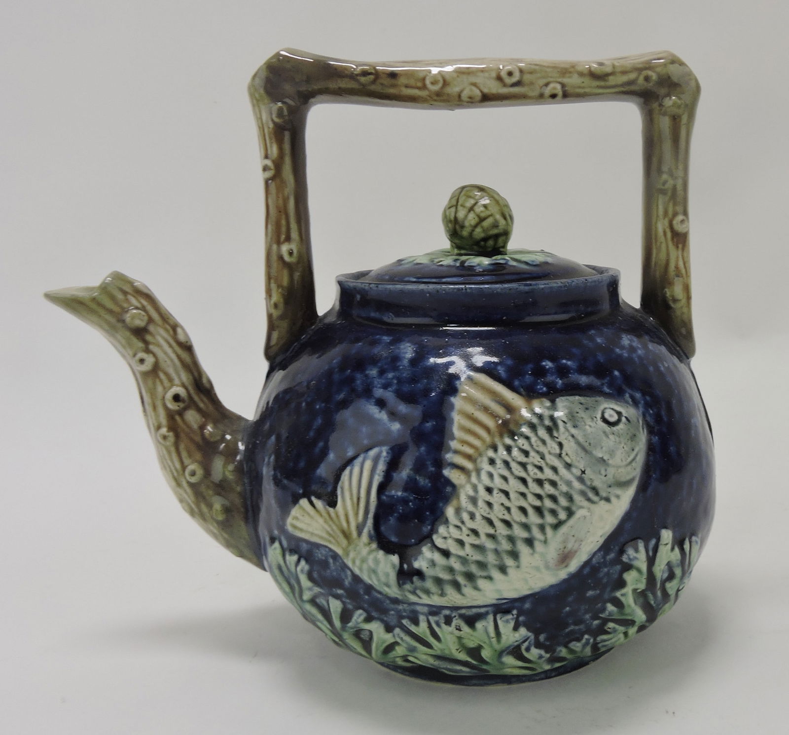 Majolica cobalt tea kettle with fish, (1 of 1)