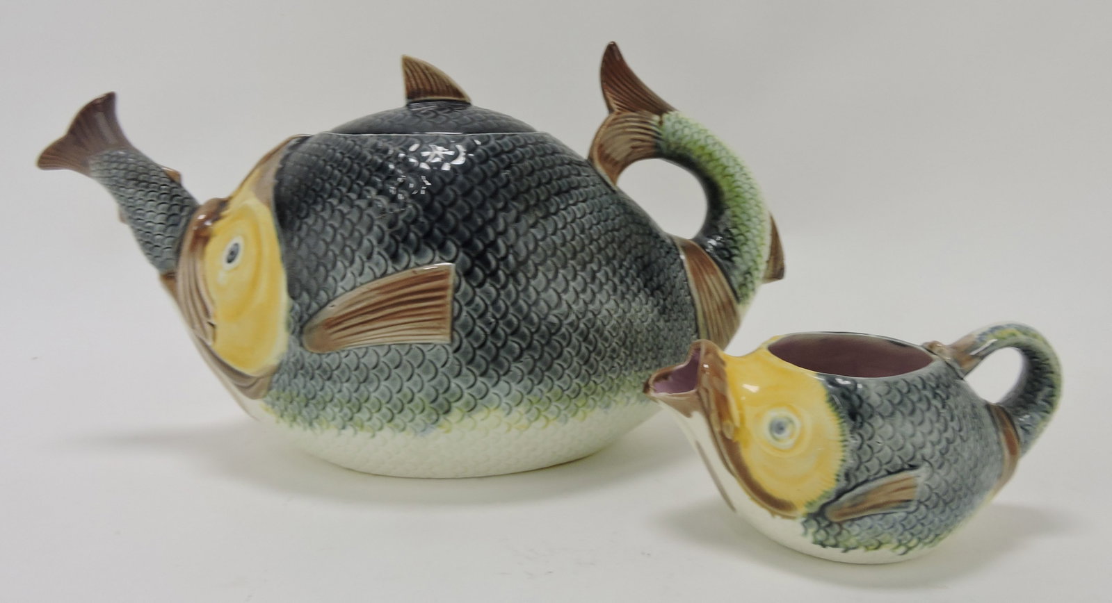 Majolica Adams & Bromley fish: swallowing fish teapot and creamer; Sue & Harry Thurmon Collection