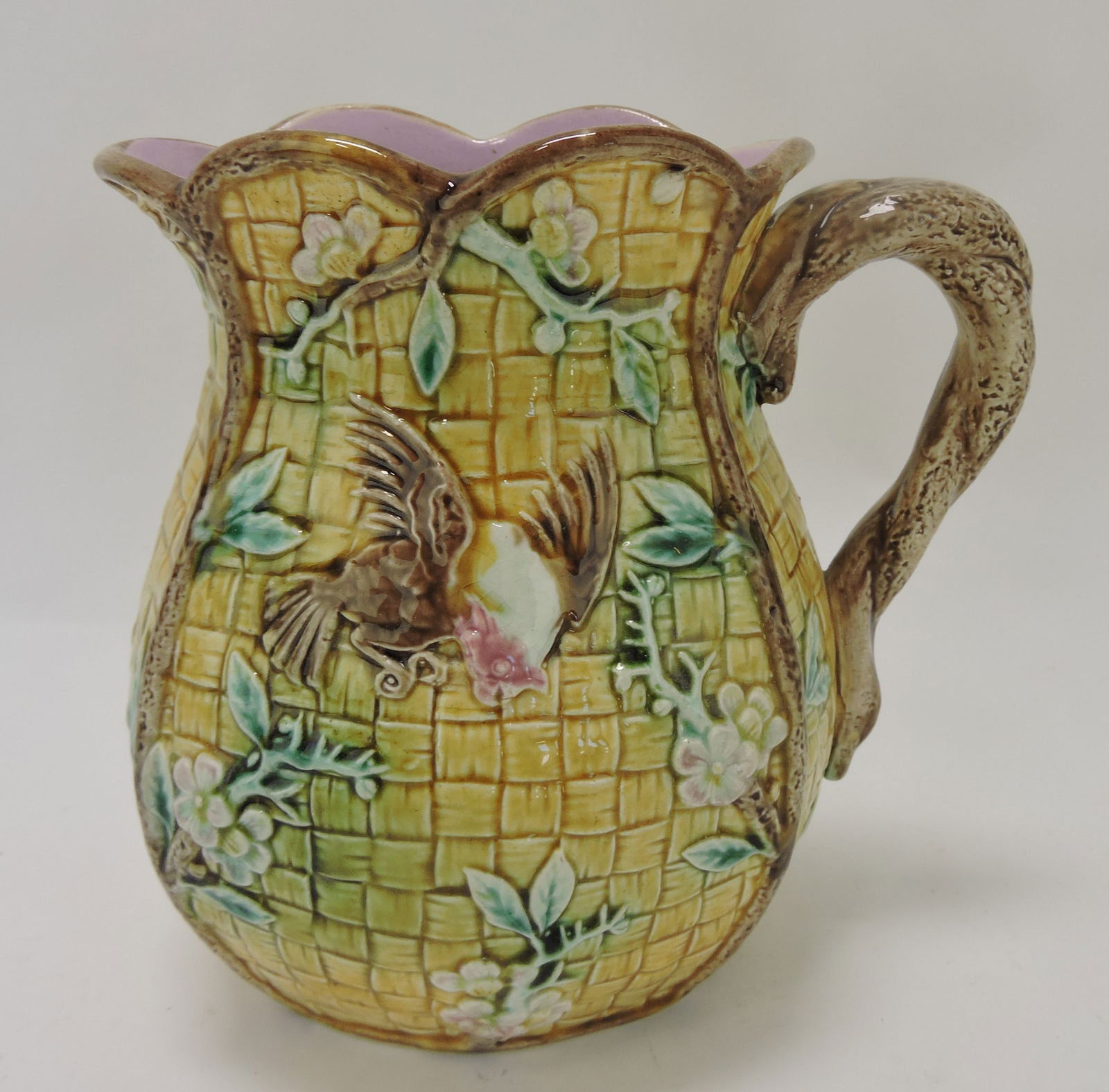Majolica bird and basket pitcher, 6 1/2" (1 of 2)
