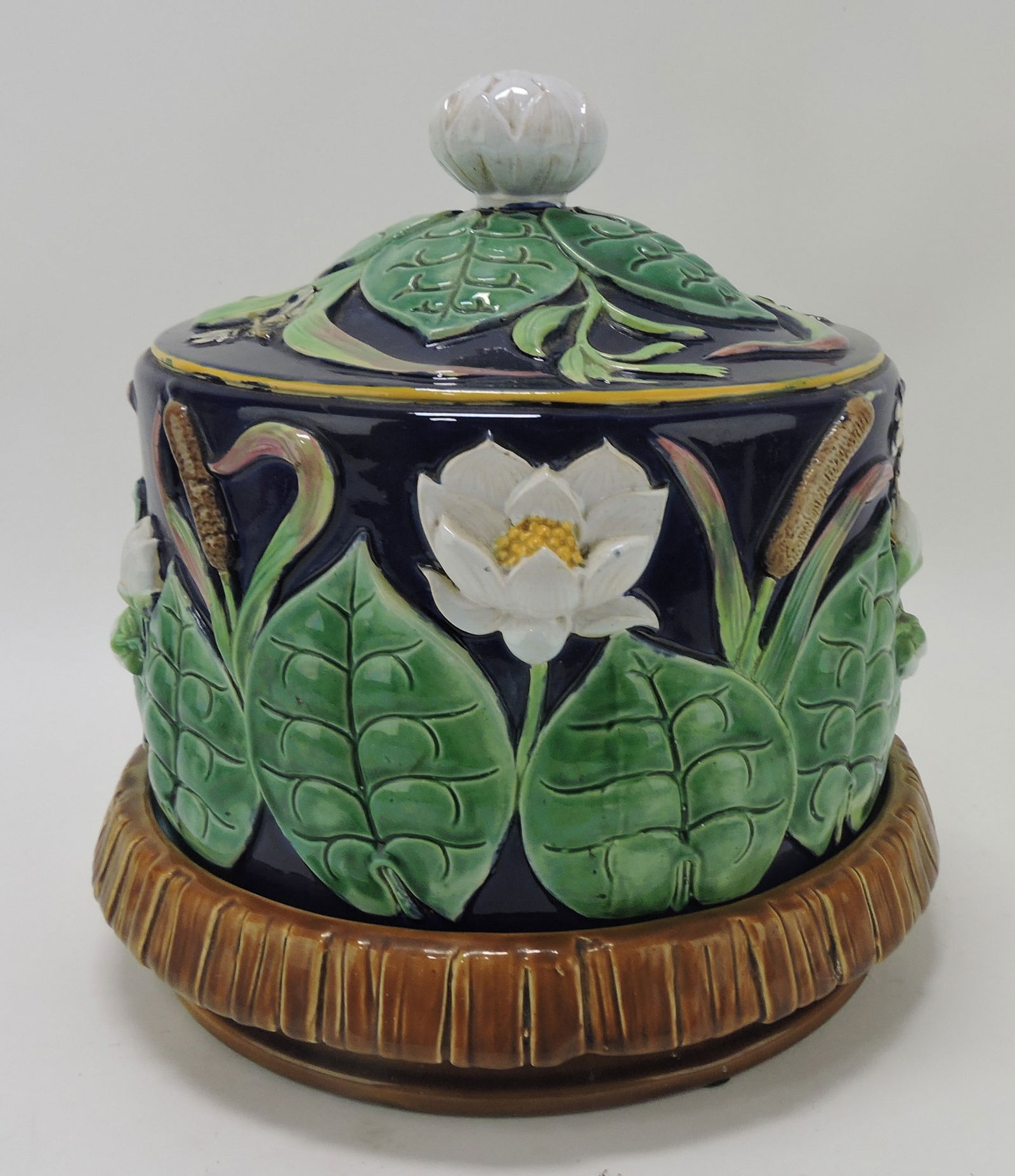 George Jones majolica cobalt water: lily and dragonfly half size cheese keeper, minor hairline to cover, 10 1/2"h, 11"d