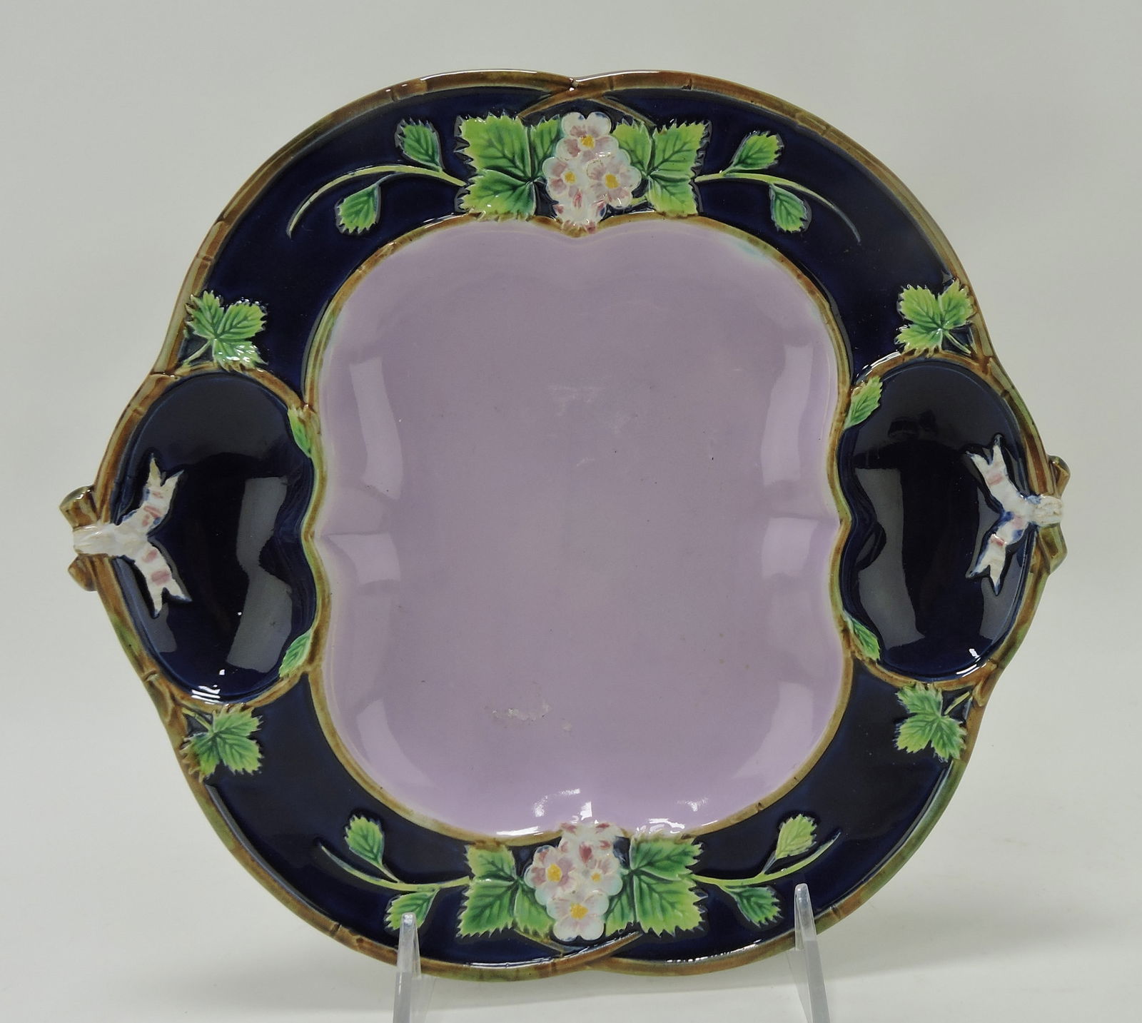George Jones majolica cobalt strawberry: plate, 9 1/4" x 8 1/2"; Joan Stacke Graham Collection