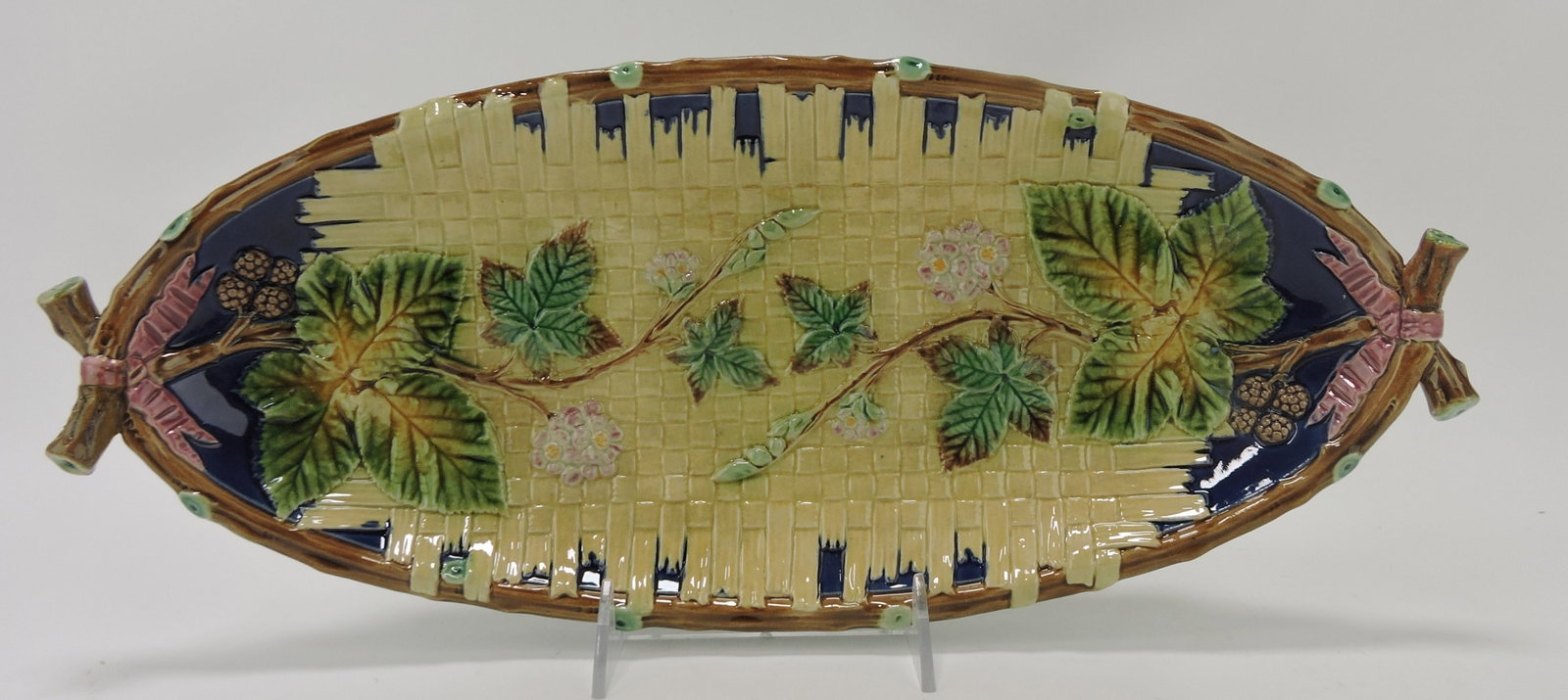 T.C. Brown Westhead Moore & Co.: wicker and blackberry tray, 16 1/2", handle repair