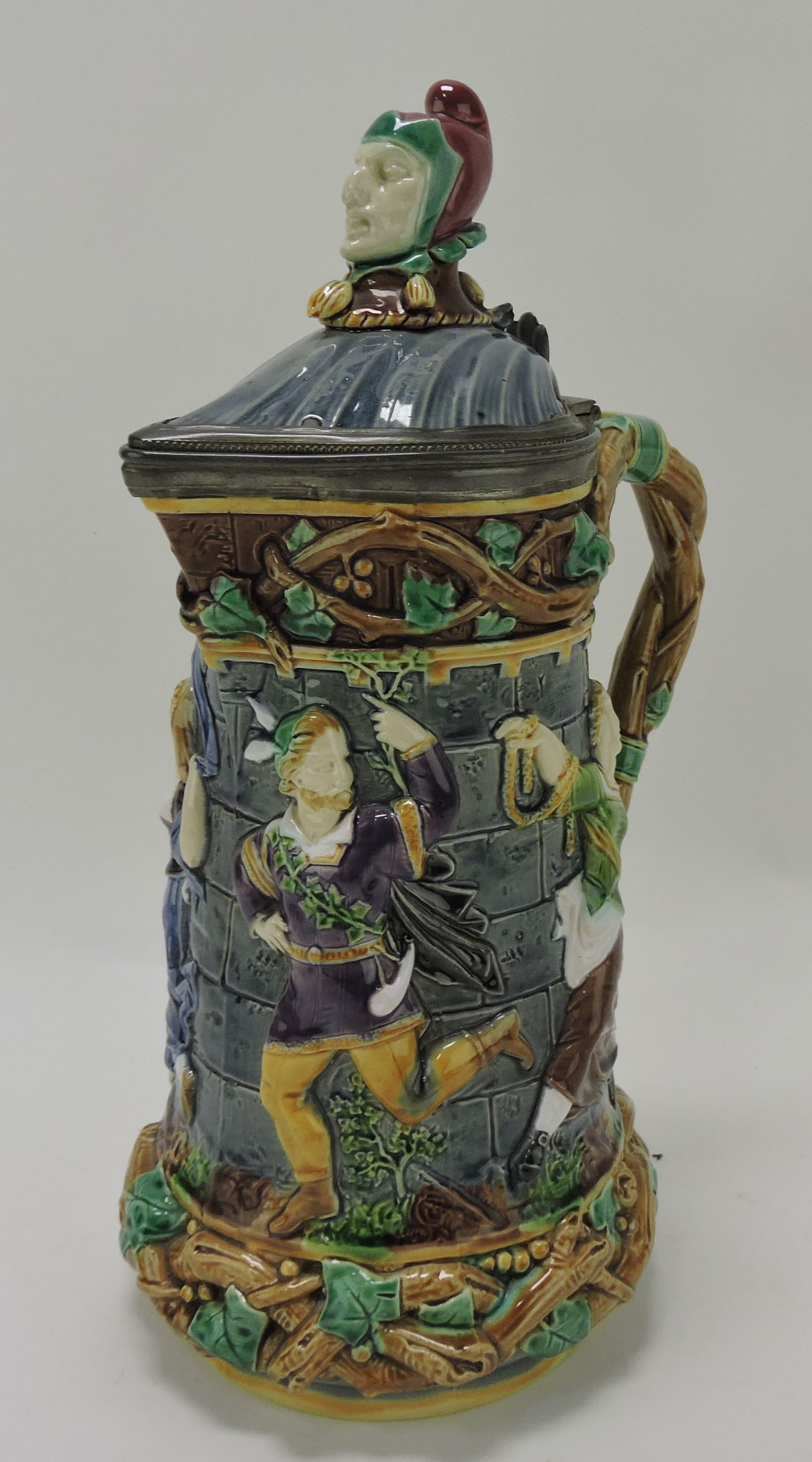 Minton majolica 'Tower' jug with: jester finial, 13"