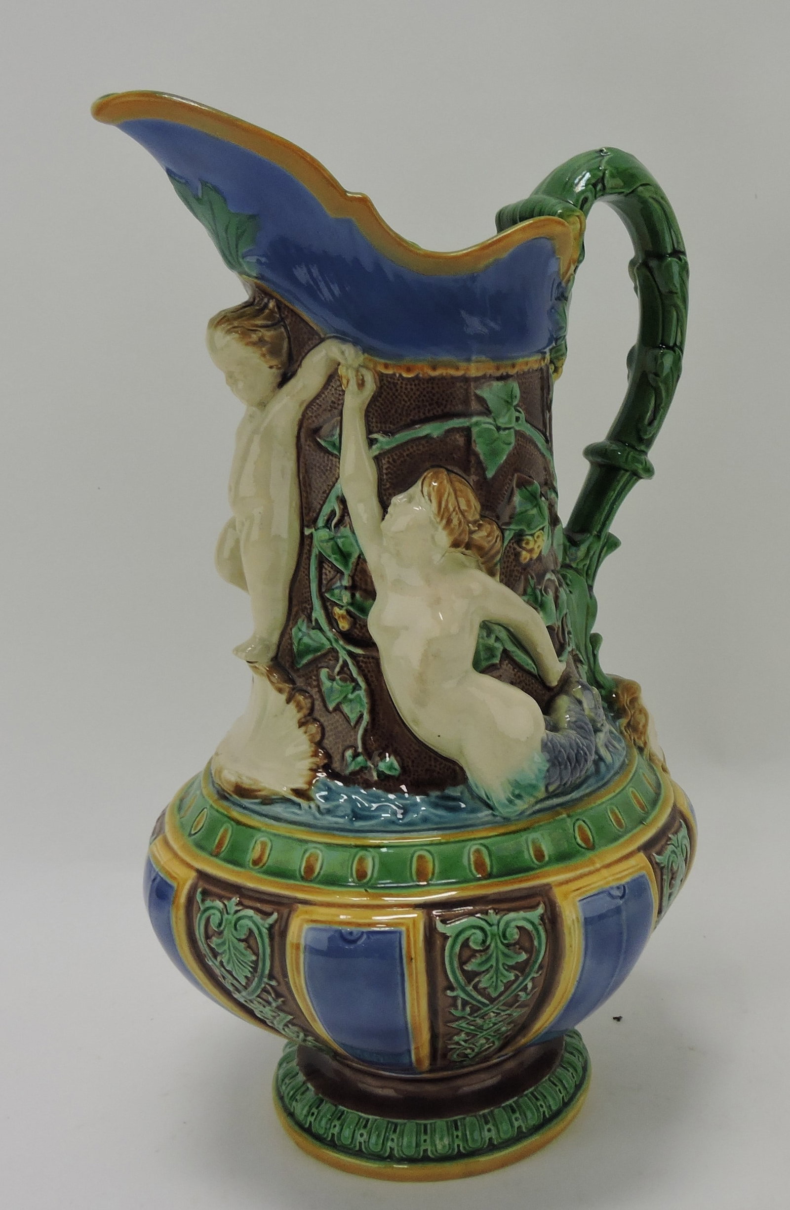 Minton majolica merman and mermaid: pitcher, 13", shape no 474, rim repair