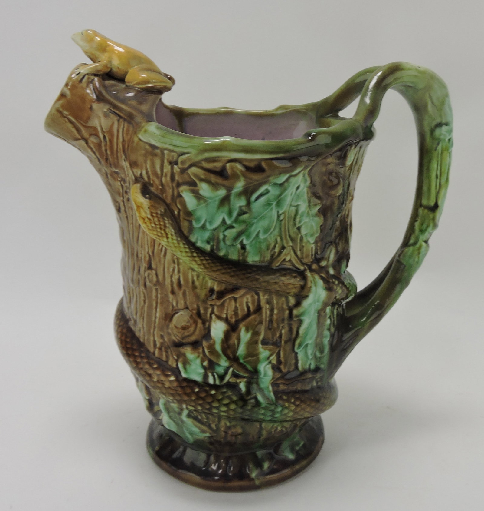 Samual Alcock majolica palissy jug: with tree trunk body wrapped with snake and frog at spout, professional rim repair, 9 1/2"