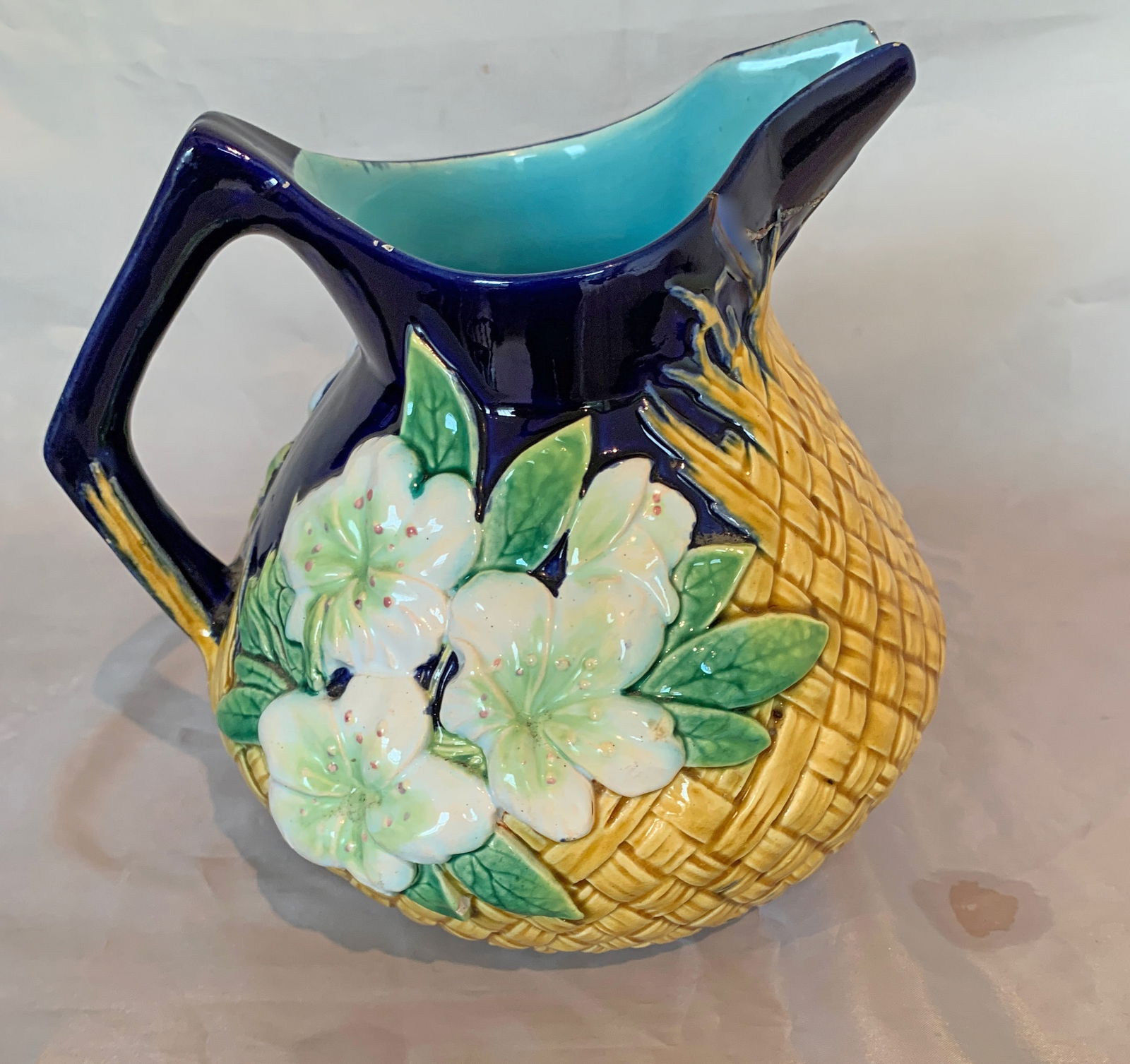 George Jones majolica cobalt: basketweave and floral pitcher, shape no.3576