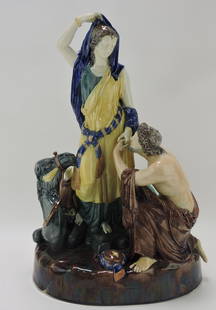 Rare Wedgwood majolica figure: titles 'Isaac and Rebekah' with recumbent camel. 20"h, 14"w