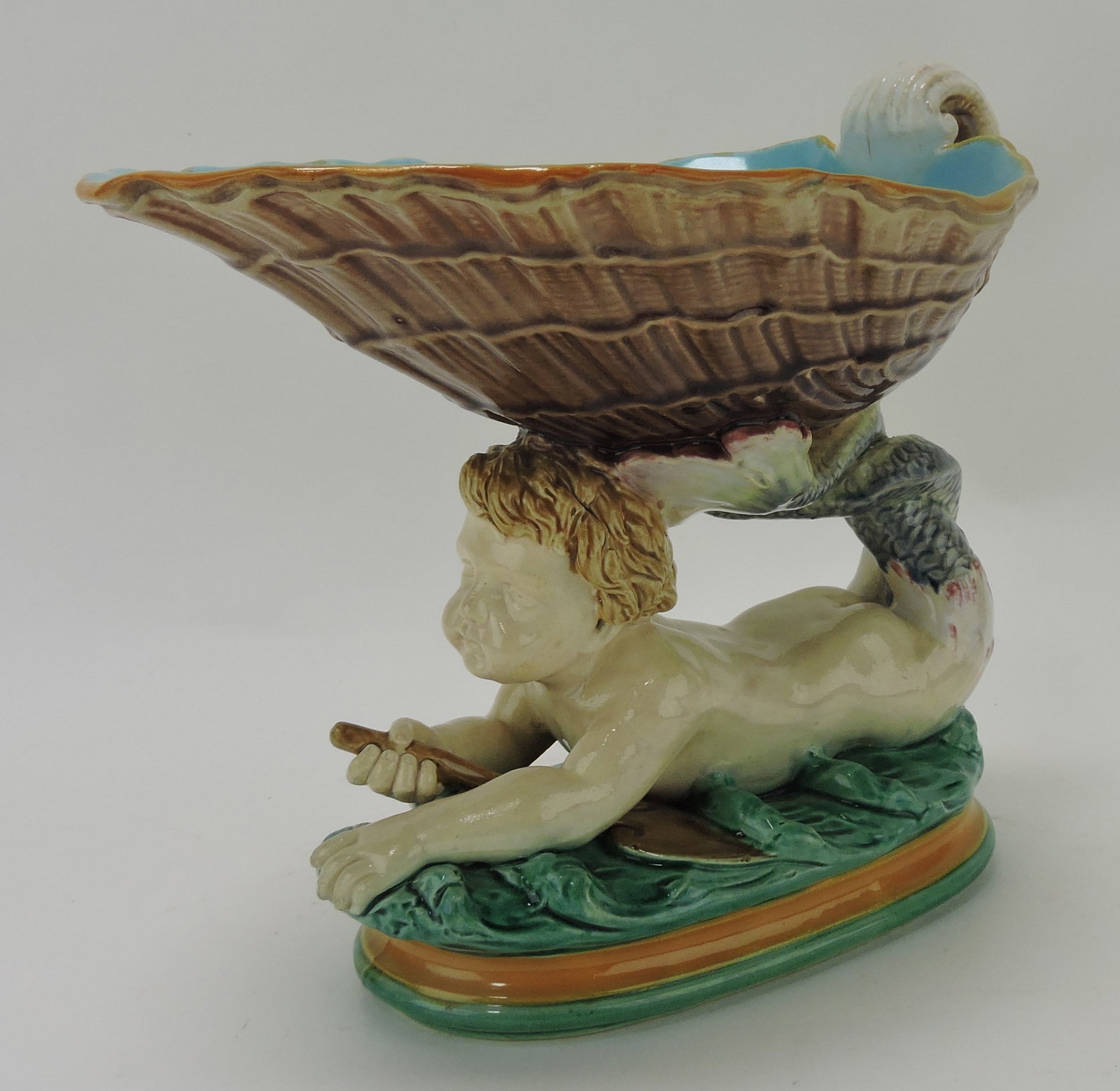 Minton majolica merboy and shell: sweetmeat dish, 7"h, 8"l