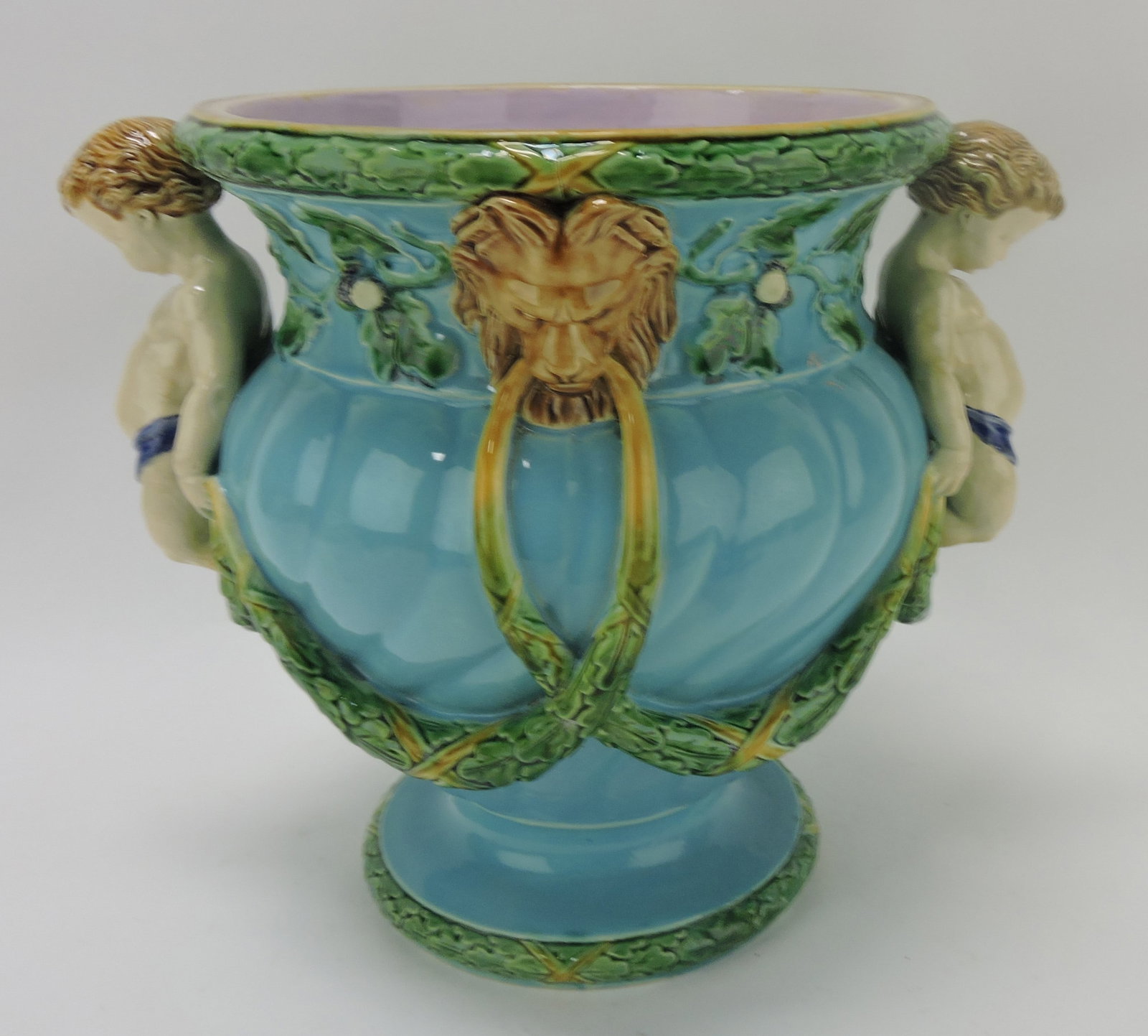 Minton majolica wine cooler with: putti handles, professional base repair, 10 1/2"h