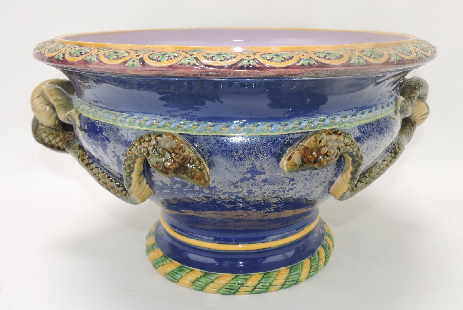 Minton majolica cobalt snake handled: jardiniere, old restoration, 8 1/2", 15"w